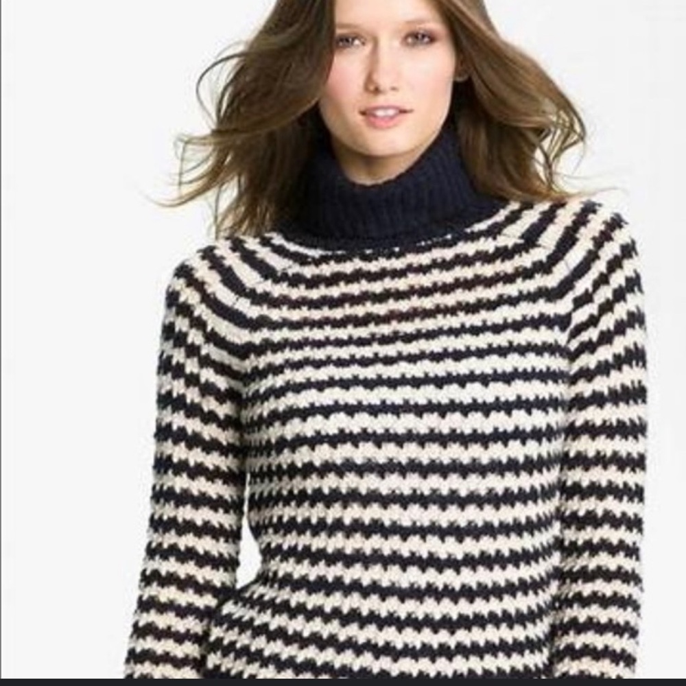 Tory Burch Carey Navy and Cream Striped Turtleneck Sweater